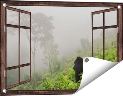 Gards Tuinposter Doorkijk Gorilla in het Woud tijdens de Mist - 60x40 cm - Tuindoek - Tuindecoratie - Wanddecoratie buiten - Tuinschilderij
