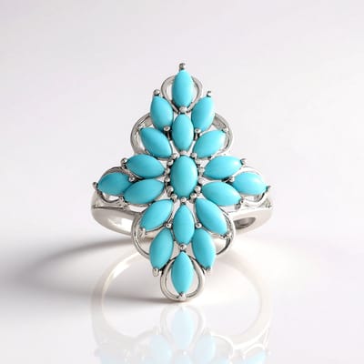 Cavill - 925 Sterling Zilver Ring - Sleeping Beauty Turkoois Ovaal & Marquise Cabochon - 1,89 ct - Turquoise Sieraden - Organisch Design - Dames