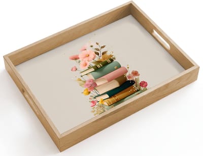Dienblad hout 40x30 cm - Schootdienblad - Boeken - Stapel - Bloemen - Kleurrijk - Borrelplank rechthoek - Plateau dienbladen