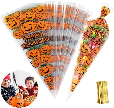 Pompoen Kegel Tas voor Halloween - 100 Stuks Heldere Cellofaan Traktatie Zakken met Gouden Twist Ties voor Snoep en Koekjes