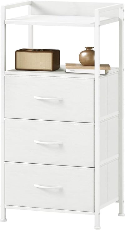 ladekast met stoffen laden, dressoir met open plank, commode met stalen frame, opbergkast voor slaapkamer, woonkamer, Wit, 29D x 38,7B x 77,6H (3 laden)