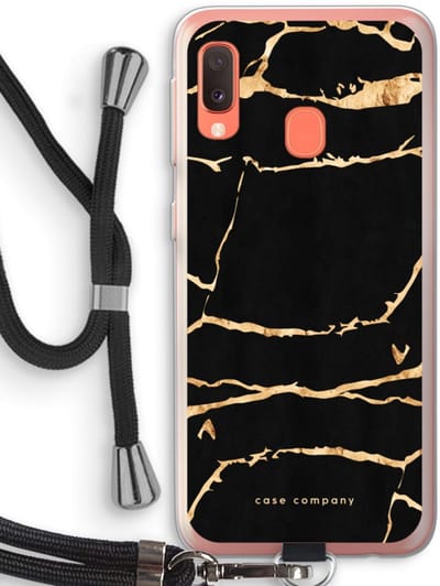Case Company® - Hoesje met koord geschikt voor Samsung Galaxy A20e hoesje met Koord - Gouden marmer - Telefoonhoesje met Zwart Koord - Bescherming aan alle Kanten en Over de Schermrand