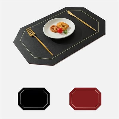 Daity Set van 6 zwarte placemats van imitatieleer met gouden rand, inclusief 6 grote rechthoekige placemats, hittebestendig en gemakkelijk schoon te maken (zwart)