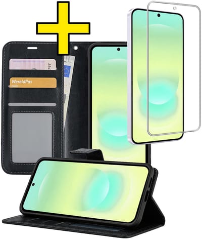 Hoesje - Met Screenprotector - Geschikt voor Samsung Galaxy A37 - Luxe Pasjeshouder - Bookcase Portemonee - Flip Case - Kunstleer Book Case - Flipcase - Book Cover - Walletcase - Portemonneehoes - Telefoonhoesjes - Zwart
