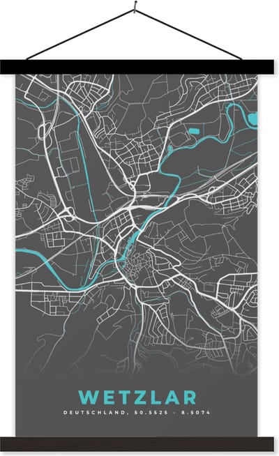 Posterhanger incl. Poster 40x60 cm - Schoolplaat - Blauw – Duitsland – Plattegrond – Stadskaart – Kaart – Wetzlar - Textielposter - Zwarte latten - Stadskaart