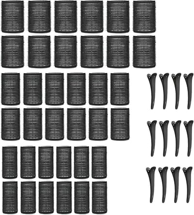 48Pcs Haarrollers Set - Haarrollen met Clips - Zelfklevende Jumbo Haarrollers - Geen Hitte - Warmtevrije Haarrollers voor Lang, Middellang en Korte Haartypes - Styling voor Kapsalon en Haarverzorging - Krullers (Zwart, 3 Maten)