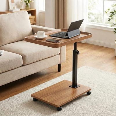 Triumpunpre C-vormige Bijzettafel op Wieltjes - Verrijdbare Laptoptafel - Hoogteverstelbaar & 360° Draaibaar - Houten Bijzettafel met Wieltjes - 40 x 30 x 80 cm - Multifunctionele Salontafel voor Woonkamer, Slaapkamer en Kantoor - Walnoot Kleur