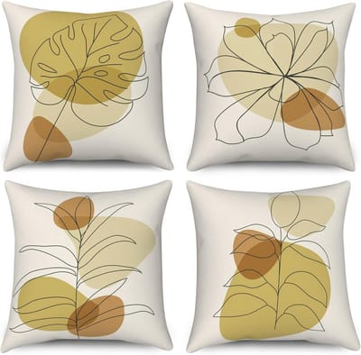 Set van 4 Boho Kussenslopen 40x40 cm – Modern Abstracte Decoratie met Bladeren en Zon – Wasbare Polyester en Vlas Textiel
