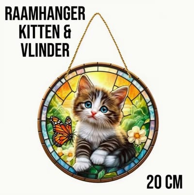 Allernieuwste.nl® Raamhanger Poesje met Vlinder – Perfect Cadeau - 20 x 20 cm