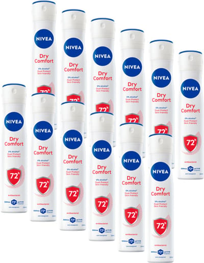 NIVEA Dry Comfort Deodorant Spray - Anti-Transpirant - Droog gevoel - 72 uur bescherming - Met mineralen en DryPlus-systeem - Alcoholvrij - 12 x 200 ml - Voordeelverpakking
