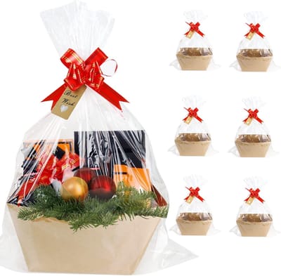 Set van 6 Stevige Kraft Cadeaumanden met Handvatten - Inclusief Krimpfolie & Strikken