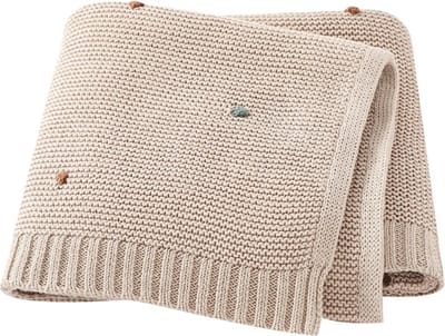 Gebreid beige babydekentje met knots - gebreid dekentje baby - gebreid beige wiegendeken - dekentje ledikant gebreid - babydeken beige gebreid met knots