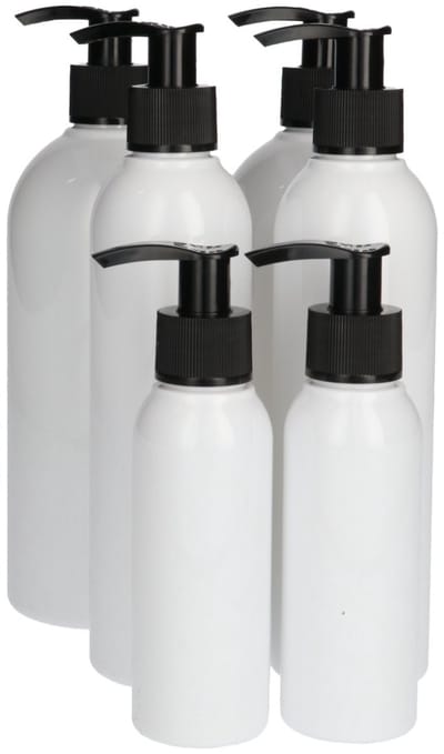 6x Kunststof Witte Fles met Dispenser Pomp - 100ml, 250ml & 500ml - Plastic PET Flessen, Zeeppompje, Doseerfles, Zeepdispenser - Wit