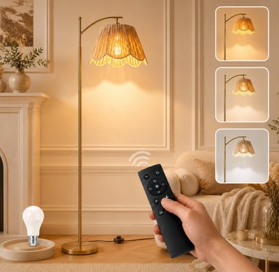 MUPOO Boho Raffia Vloerlamp - Staande Lamp Handgeweven Dimbaar met Afstandsbediening -4 Kleurtemperaturen &Zware Voet - E27 LED Lamp Inbegrepen & Timer -leeslamp staand voor Slaapkamer Woonkamer Kantoor