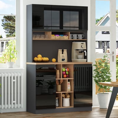 MODENUIT Dressoirkast - Met Open Vakken En Laden - Voor Keuken En Woonkamer - MDF Zwart En Naturel - 105x45x185 Cm