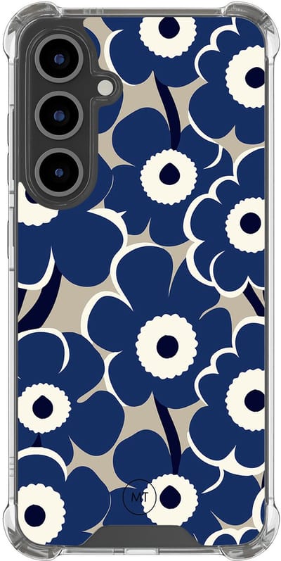 Hoesje (shockproof) geschikt voor Samsung Galaxy S24 FE - Abstract bloom - Extra sterke case - TPU/polycarbonaat - Bloemen - Blauw, Transparant