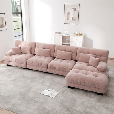 Pugsdrly Modulaire hoekbank, L-vormige bankstel voor de woonkamer, comfortabele Cloud-banken met 4 zitplaatsen en verwijderbare poef, DIY-combinatie, chenille, roze