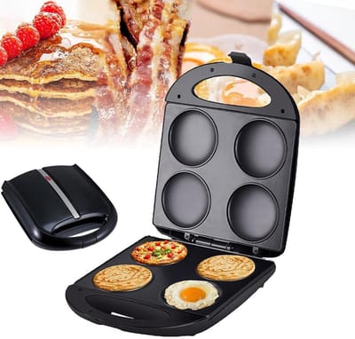 Elektrische bakplaat - Mini pannenkoekenmaker - Snelle ontbijtjes maken - Gelijkmatige warmteverdeling - 4 gaten 10 cm - Zwart