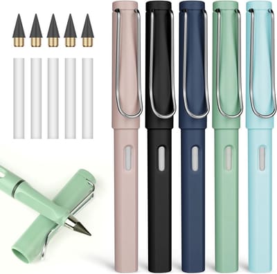 Herbruikbare inktloze potloodset met gum en vervangbare pennen - 5-delige set voor schrijven en tekenen, ideaal voor studenten en thuiswerk.