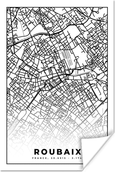 Poster Kaart - Roubaix - Stadskaart - Frankrijk - Plattegrond - Zwart wit - 120x180 cm XXL