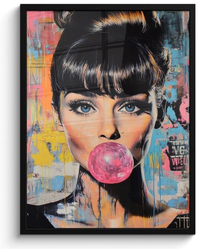 Poster in lijst - Fotolijst 60x80 cm - Posters - Kauwgom - Vrouw - Penseelstreken - Modern - Posterlijst zwart - Decoratie - Wanddecoratie woonkamer - Muurdecoratie slaapkamer