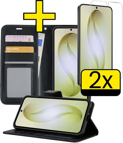 Hoesje - Met 2x Screenprotector - Geschikt voor Samsung Galaxy S26 - Luxe Pasjeshouder - Bookcase Portemonee - Flip Case - Kunstleer Book Case - Flipcase Hoes - Book Cover - Walletcase - Portemonneehoes - Telefoonhoesjes - Zwart