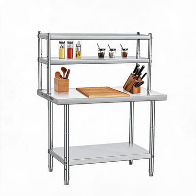 Roestvrijstalen Keuken Werktafel met Dubbele Plank en Opbergrek - 160 cm Hoog, Stevige RVS Werkbank voor Keuken en Restaurant, Inclusief Bovenste Legplanken