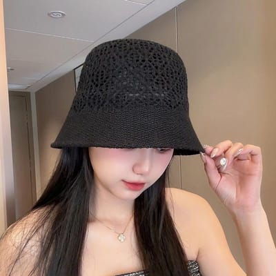 Gestreept Stro Geweven Holle Vissershoed voor Dames Koreaanse Stijl Brede Rand Gezichtsbescherming Zonbescherming Hoed voor Lente en Zomer Reizen UV Emmerhoed (55-59) black