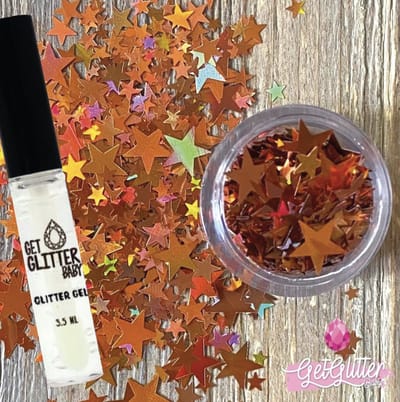 GetGlitterBaby® - Oranje Gouden Sterren Chunky Festival Glitters Sterretjes voor Lichaam en Gezicht / Koningsdag versiering / Gel Glitterlijm Huid lijm / Bio Vegan Biodegradable Biologische Face Body Glitter Jewels - Goud + Glittergel Huidlijm Lijm