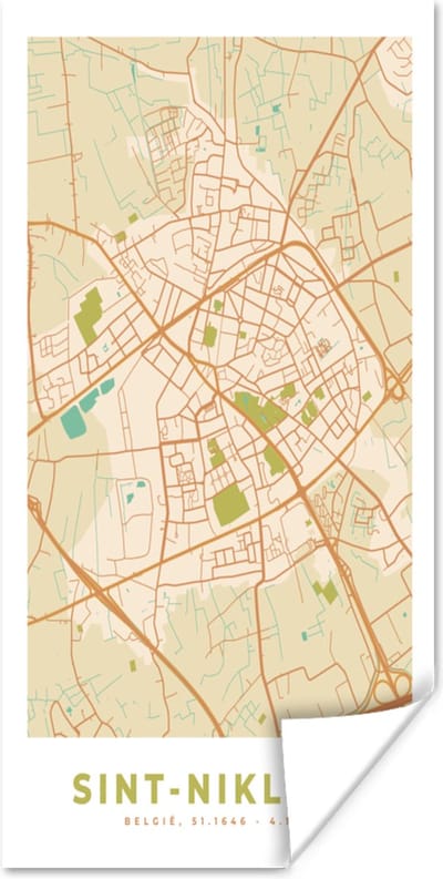 Poster Plattegrond - Retro - Stadskaart - Sint-Niklaas - Kaart - 80x160 cm