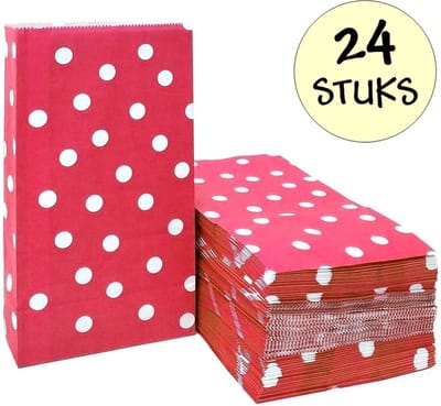 24x Rode Uitdeelzakjes Met Stippen - 13x8x24cm - Stevig Papier - Traktatie Zakjes - Papieren Zakjes - Cadeau Zakjes - Polka Dots - Met Blokbodem - Rood - 24 Stuks