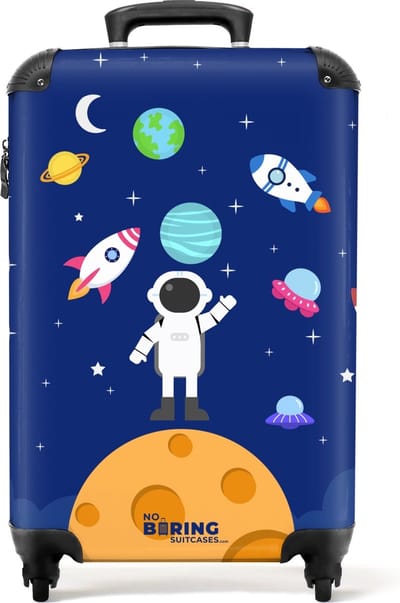 NoBoringSuitcases.com® - Kinderkoffer jongen - Kindertrolley jongens - Astronaut in de ruimte - Handbagage koffer lichtgewicht - Reiskoffer trolley kinderen - Rolkoffer met wieltjes - Past binnen 55x40x20 en 55x35x25