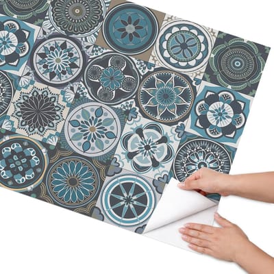 Coloray Meubel Wrap Folie - Blauw Meubelfolie - 75x150 cm - Decoratiefolie Mandala-tegels - Meubel Wrap Folie - Geometrische Meubelfolie - Plakfolie Meubels - Keuken decoratie - Achtergronden en patronen