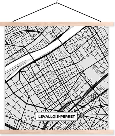Posterhanger incl. Poster 40x40 cm - Schoolplaat - Frankrijk - Levallois-Perret - Stadskaart - Plattegrond - Kaart - Textielposter - Blanke latten - Stadskaart