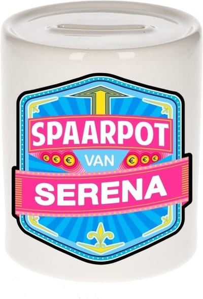 Bellatio Decorations Kinder spaarpot met naam - Serena - keramiek - met dop - wit - Sparen - Spaargeld van Serena