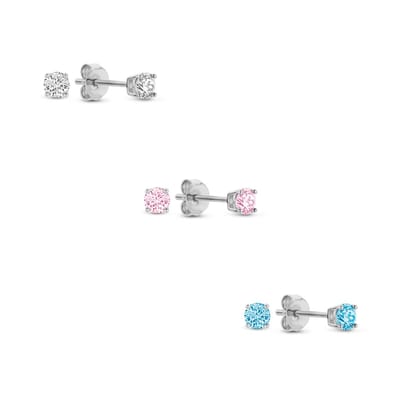 New Bling 9SIL-SET0025 Zilveren Zirkonia Oorknoppen Set 3mm Wit Roze Blauw Earparty - Rhodium - Zilver