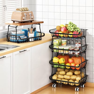 SnelShoppen - 6-Layer Keuken Organizer Stapelbare Fruit en Groente Mand met Wielen - Flexibel Opbergsysteem voor Keuken, Badkamer, Woonkamer - Ruimteb