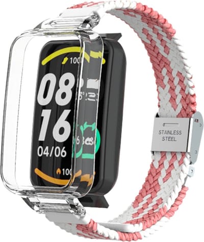 By Qubix - Braided nylon bandje met case - Roze met wit - Geschikt voor Xiaomi Smart Band 7 Pro / Mi Band 7 Pro bandje