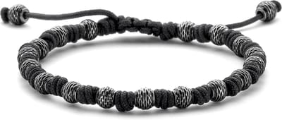 Frank 1967 - 7FB-0758 - zwart stalen kralenarmband heren met zwart koord - 19 + 4 + 4 cm