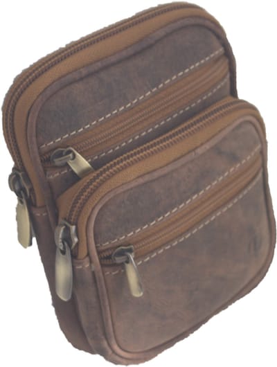 Oi Hunter bruine lederen riemtasje met 4 ritsen 2-traps / tasje verticaal voor op buik of heup / compact veilig vakantie tasje voor aan riem / bruin leer / 401H