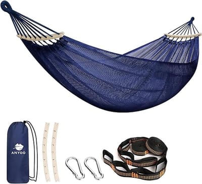 Famanu - Hangmat van gaas, met spreidstangen, 320 x 150 cm, ademend, koel net hangmat met boombanden, kits voor buiten/binnen, tuin, balkon, achtertuin, terras
