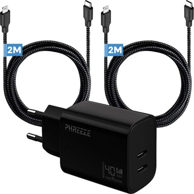 Phreeze usb C oplader 40 W - Geschikt voor iPhone 14 13 12 11 X XR XS Max Pro Mini Plus en iPad met Lightning kabel - Dual usb C oplader met 2 kabels 2m