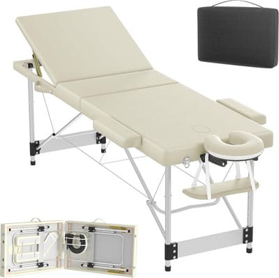 Opvouwbare 3-Zone Massagetafel - Aluminium Frame - Schuimvulling - Verstelbare Hoogte - Schoonheidsbed Met Hoofdsteun En Armleuningen - Behandelbank - Maximaal Belasting 230 kg - Beige - NAIZY