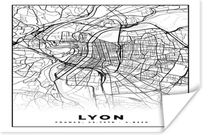 Poster Lyon - Stadskaart - Plattegrond - Kaart - Frankrijk - Zwart wit - 180x120 cm XXL