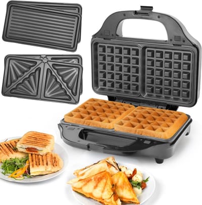 3-in-1 Contactgrill Wafelijzer en Panini Maker met Verwijderbare Platen 900W