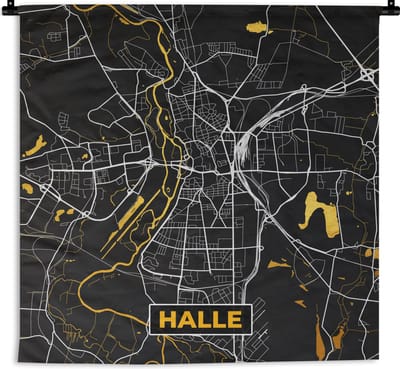 Wandkleed - Wanddoek - Halle - Stadskaart - Goud - Plattegrond - Kaart - Duitsland - 180x180 cm - Wandtapijt