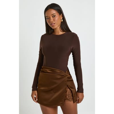 boohoo Dames Satijnen Mini Rok met Kant Inzet | Chocolate | Maat: 6