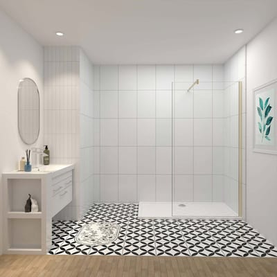 Inloopdouche-douchewand-walk in 8mm NANO EasyClean veiligheidsglas，140x200cm+F-vorm: 90 Stabilisatiestang,gouden profiel