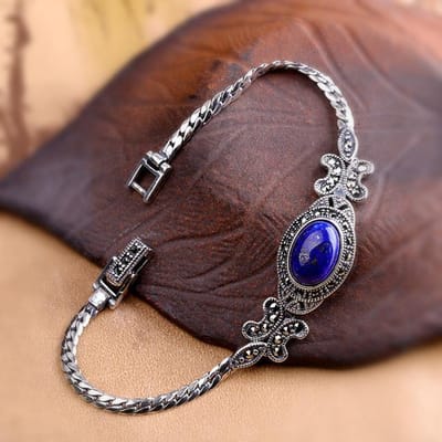 100% 925 Sterling Zilver Retro Stijl Groene Chalcedoon Markasiet Vlinder Puur Argentum Ovale Edelsteen Handketting Voor Vrouwen gray