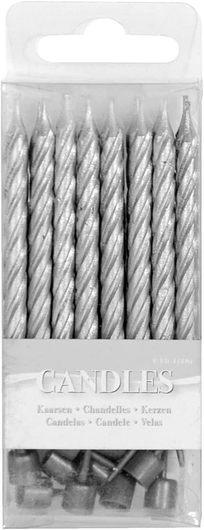 Thijox - Zilveren Kaarsjes met Houders - 16 Stuks - Decoratieve Feestkaarsen voor Verjaardagen, Jubilea en Speciale Gelegenheden - 6 x 0,5 cm
